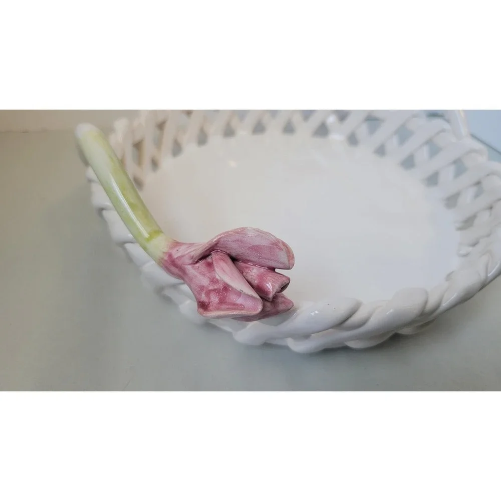 Vintage White Ceramic Lattice Rim Serving Tray With Tulip‎ Handles
